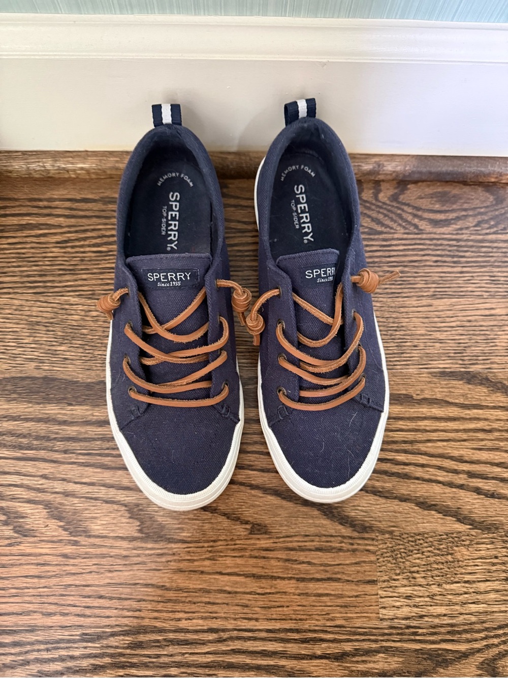 Sperry Navy Canvas Boat Shoes with Brown Laces